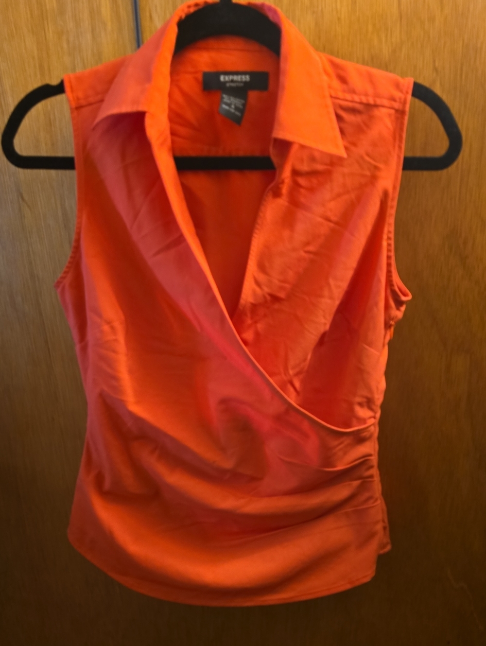 Express Women’s Bright Coral Orange Sleeveless Wrap Collar Top